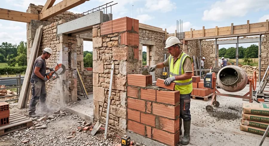 Maçons montant un mur en briques sur un chantier de gros œuvre