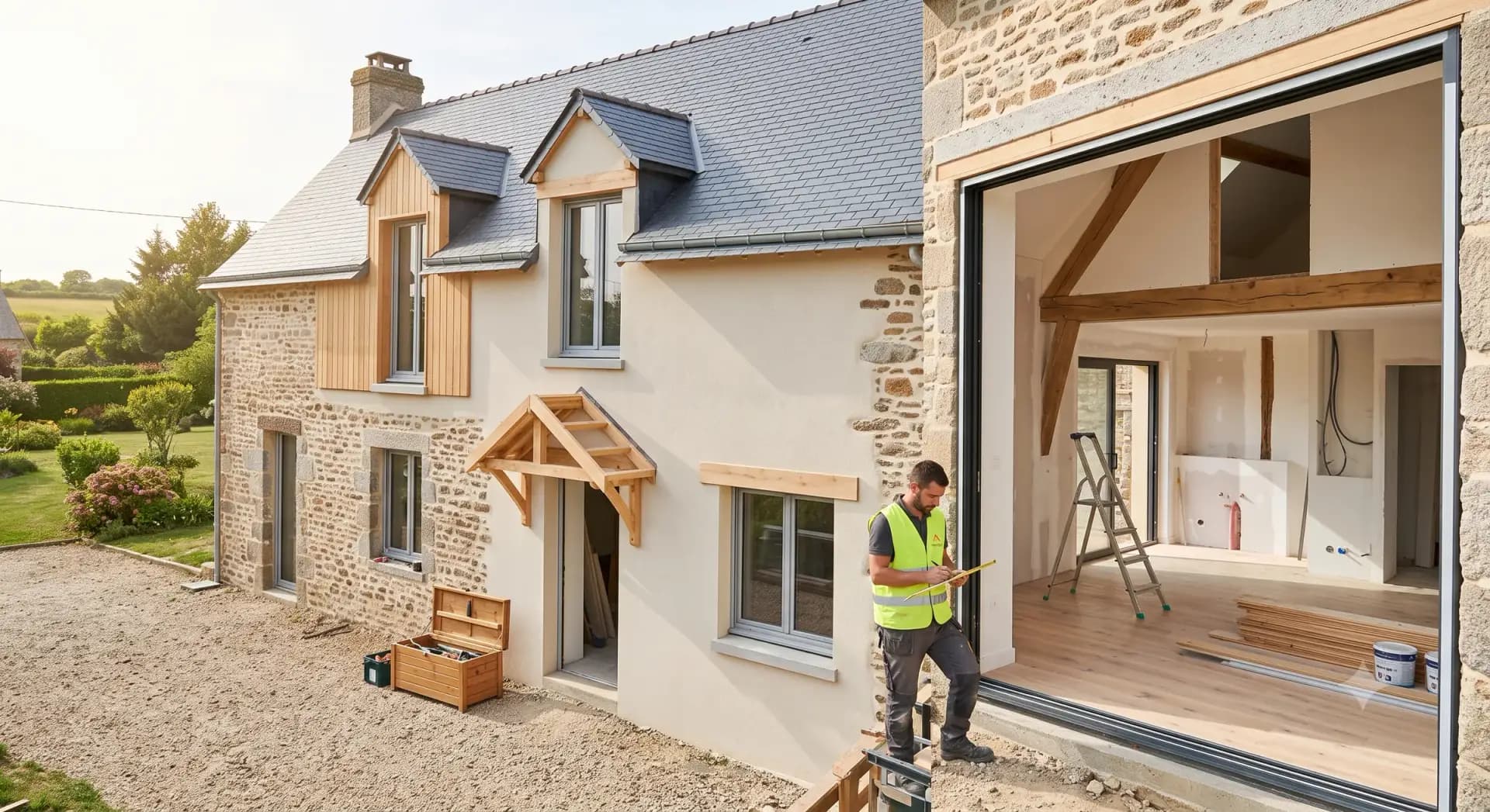Rénovation d'une maison en pierre : façade ravalée, extension et aménagement intérieur en cours
