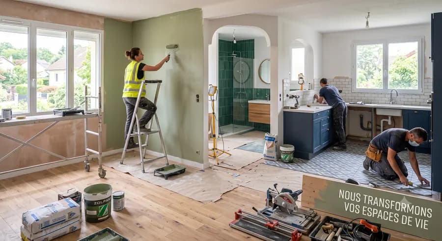 Équipe en rénovation intérieure : peinture des murs, salle de bains et pose de sols
