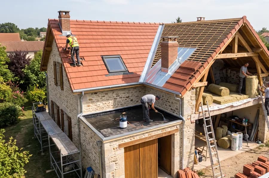 Couvreurs posant tuiles et isolation sur la toiture d'une maison en pierre